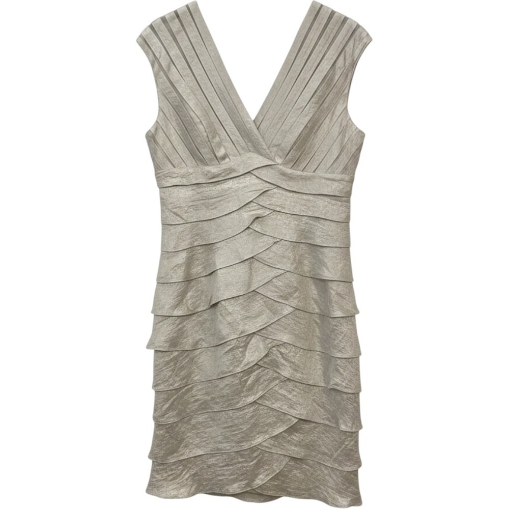 Ashro Silver Metallic Tiered Cocktail Dress V-Neck Sleeveless Formal Size 12 NEW